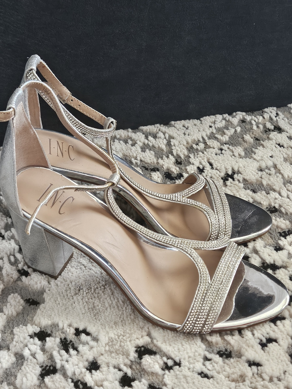 INC International Concepts Silver Rhinestone T-Strap Block Heels